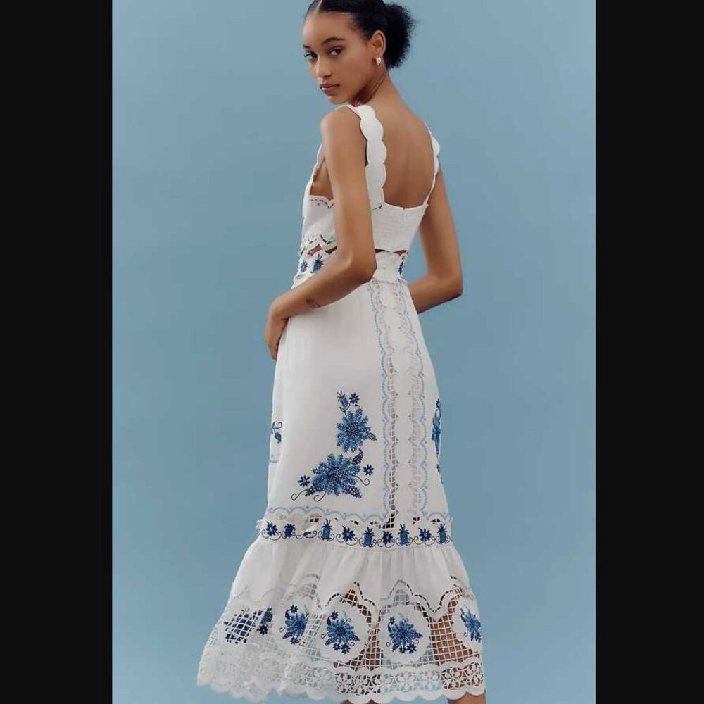 New L Farm Rio x Anthropologie cross-stitch Richelieu linen-blend dress white - Picture 2 of 12